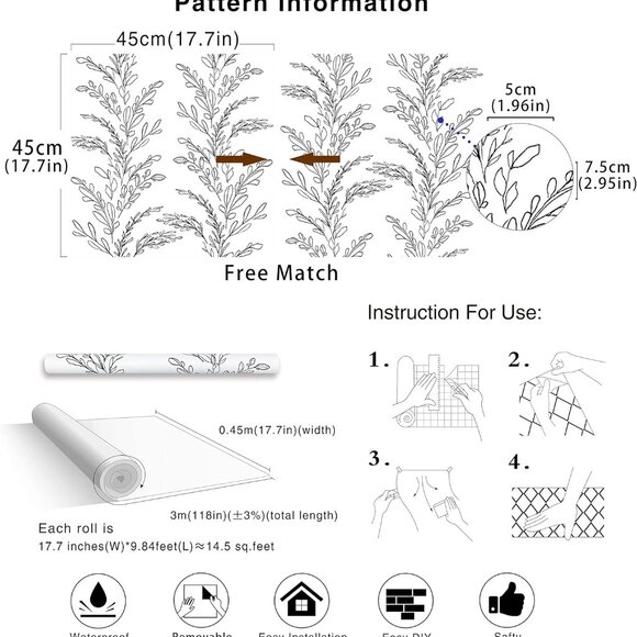 HaokHome Sketched Floral Wallpaper | Peel & Stick Black/White Vinyl 17.7" × 9.8" - Picture 3 of 4